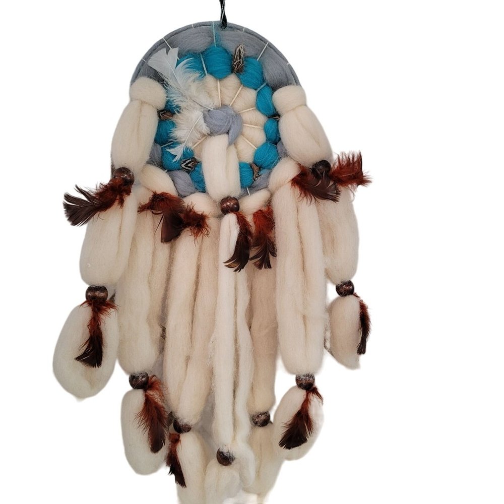 Vintage wool Native American Handmade Dream Catcher with feathers and wood beads